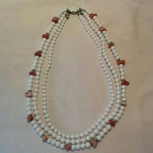 Vintage white bead and coral 3 strand necklace